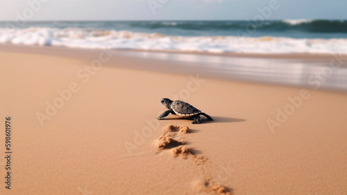A baby sea turtle crawling on the sandy beach. A Symbol of Hope and Survival.