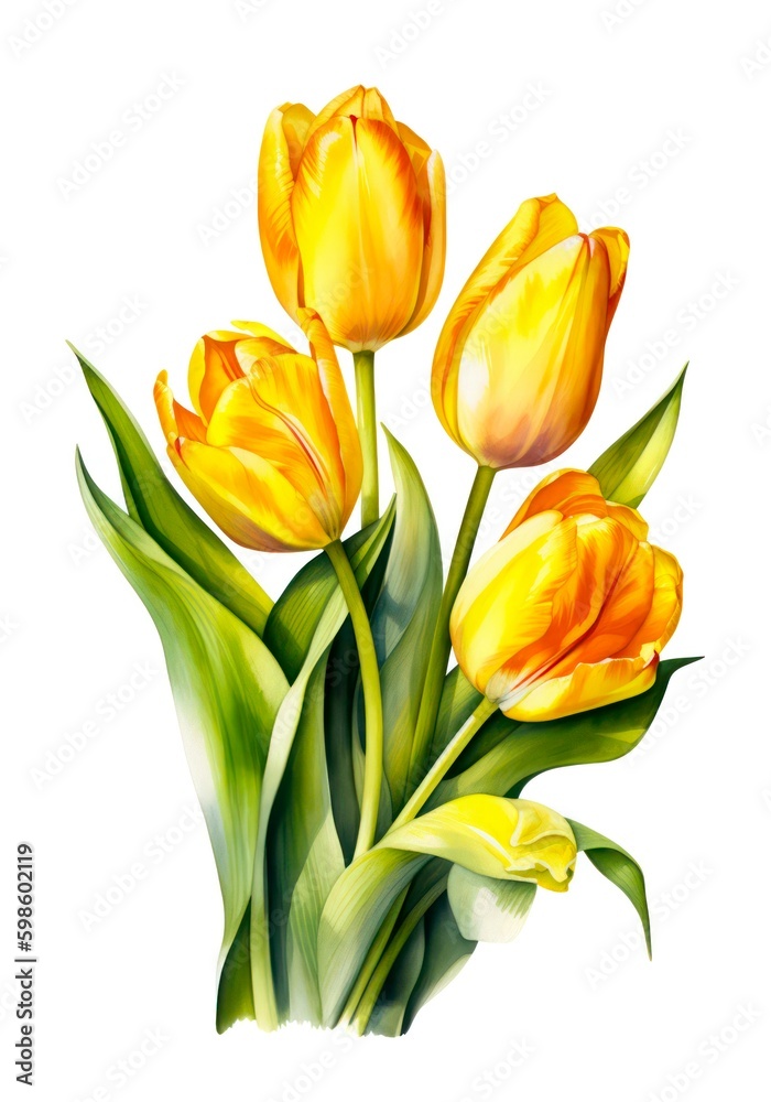 Watercolor bouquet of yellow tulips isolated on white background. Generative AI. Watercolor bouquet of yellow tulips isolated on white background. Generative AI.