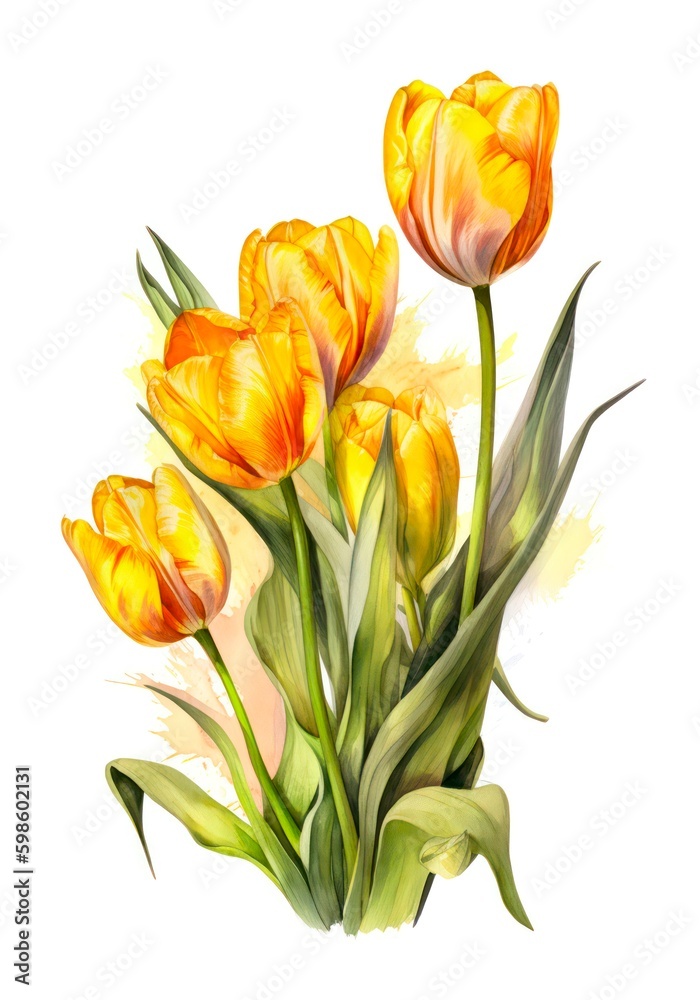 Watercolor bouquet of yellow tulips isolated on white background. Generative AI.