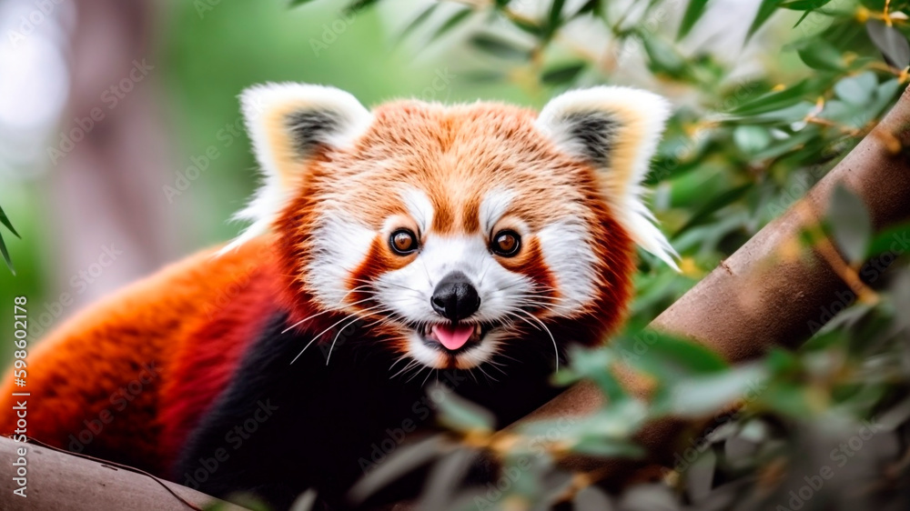 A cute red panda peering out from behind a tree trunk. A Rare and Adorable Animal. A cute red panda peering out from behind a tree trunk. A Rare and Adorable Animal.