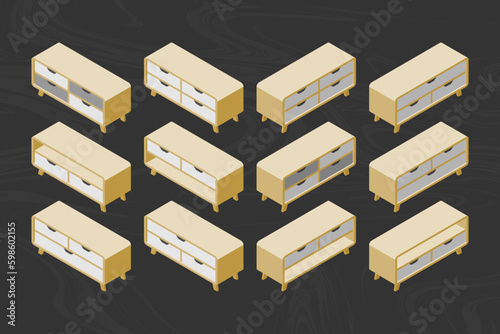 isometric wooden furniture set for interior design . wooden furniture set vector.  wooden storage set for home interior design