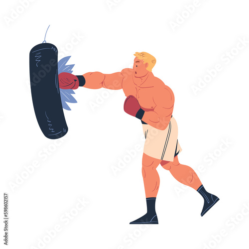 Muscular men in shorts and red boxing gloves exercising with boxing bag cartoon vector illustration