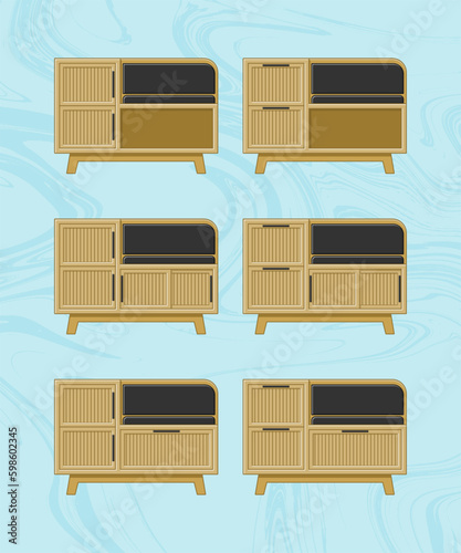 flat design wooden furniture set for interior design . wooden furniture set vector.  wooden storage set for home interior design