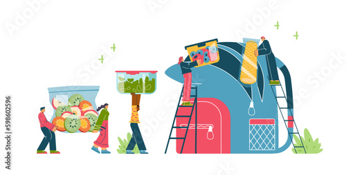 People pack food in containers and put them in a backpack, flat vector isolated.