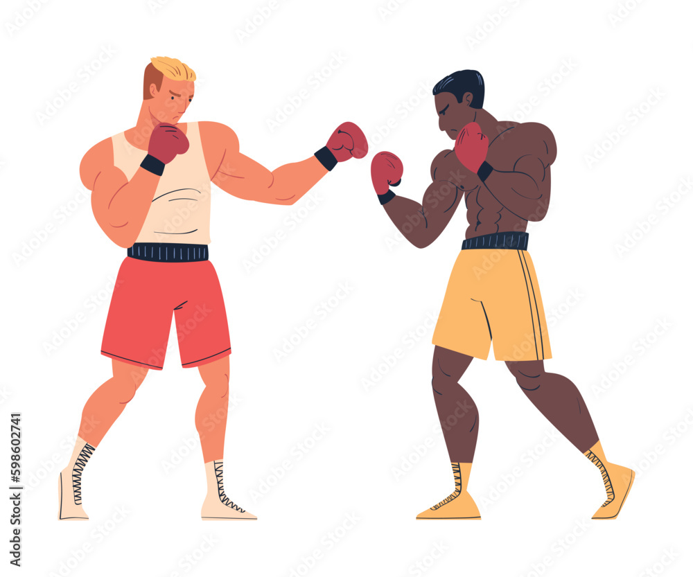 Two muscular men in sportswear and boxing gloves throwing punches at each other on ring cartoon vector illustration Two muscular men in sportswear and boxing gloves throwing punches at each other on ring cartoon vector illustration