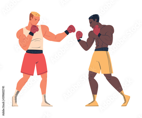 Two muscular men in sportswear and boxing gloves throwing punches at each other on ring cartoon vector illustration © topvectors