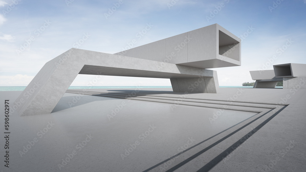 Abstract architecture design of modern building. Empty parking area concrete floor with beach and blue sky sea view. 3D rendering background image for car scene. Abstract architecture design of modern building. Empty parking area concrete floor with beach and blue sky sea view. 3D rendering background image for car scene.
