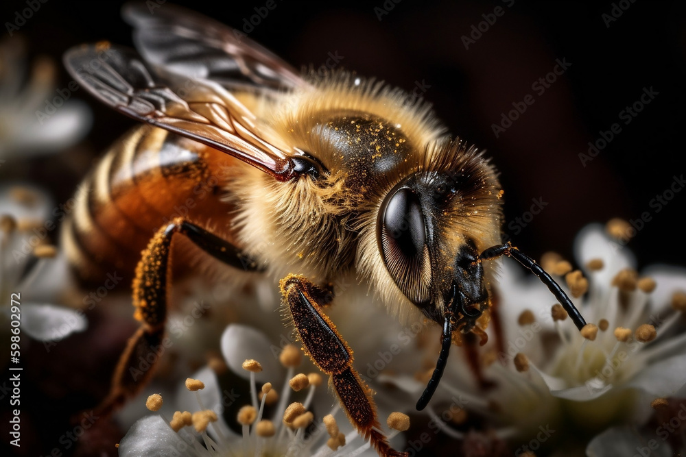 a detail shot of a honey bee pollinating a flower, captured in sharp focus using a macro lens a detail shot of a honey bee pollinating a flower, captured in sharp focus using a macro lens