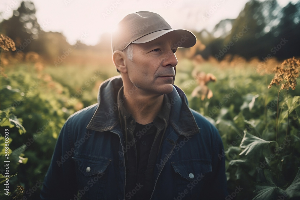 a portrait shot of a regenerative agriculture farmer, standing in the middle of their field of crops
