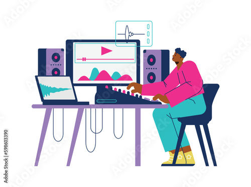 Man working with computer sound recording app vector illustration isolated .