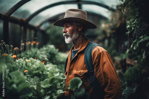 a shot of a regenerative agriculture farmer in their greenhouse, surrounded by lush, vibrant plants