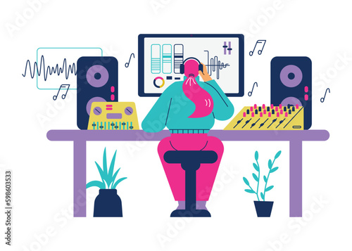 Sound designer or audio engineer creating music on computer, flat vector illustration isolated on white background.