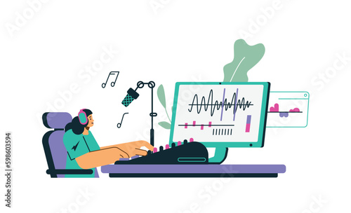 Sound engineer or designer working on sound track, flat vector isolated.