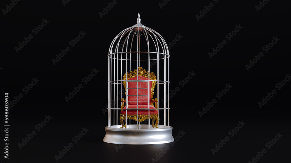 3D render of king throne inside a silver cage on black background. 3D render of king throne inside a silver cage on black background.