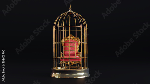 3D render of king throne inside a golden cage on black background.
