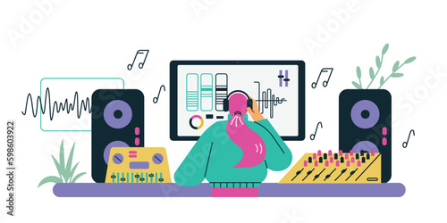 Woman sound designer in headphones working on computer, flat vector illustration isolated on white background.