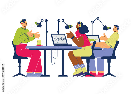 Bloggers and journalists hosting a radio show or podcast flat vector isolated.