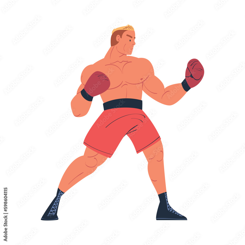 Muscular man in red shorts and boxing gloves throwing punches cartoon vector illustration