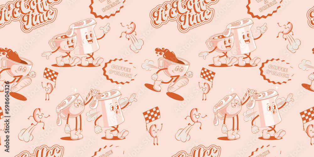 Fototapeta premium Coffee retro cartoon fast food seamless pattern. Comic character, slogan, quotes and other elements for burger bar, cafe, restaurant. Groovy funky trendy vector illustration and background.