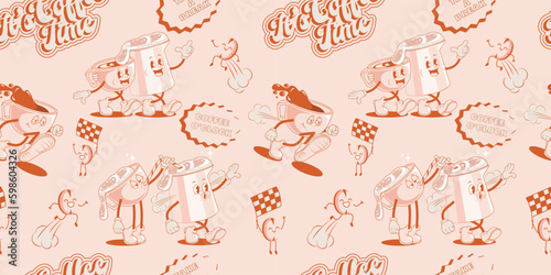 Coffee retro cartoon fast food seamless pattern. Comic character, slogan, quotes and other elements for burger bar, cafe, restaurant. Groovy funky trendy vector illustration and background.