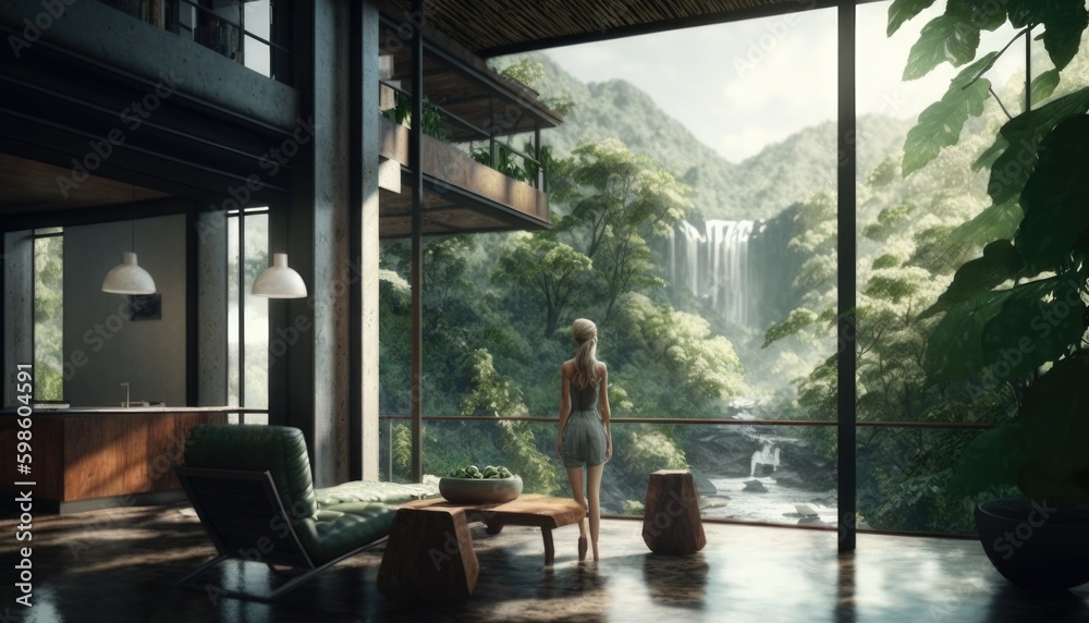 Woman in sustainable architecture home integrated to nature, relaxing environment Woman in sustainable architecture home integrated to nature, relaxing environment