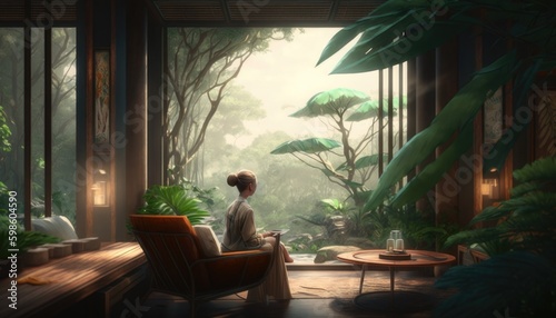 Wallpaper Mural Woman in sustainable architecture home integrated to nature, relaxing environment Torontodigital.ca