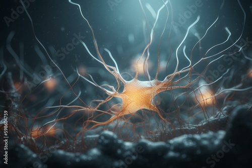 3D illustration of nerve cells, myelin sheath, and neurons. Generative AI