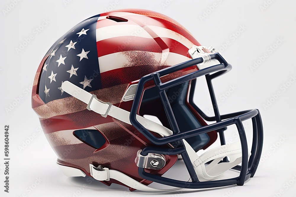 Fototapeta premium American football helmet with United States flag, sports concept, white background. Generative AI
