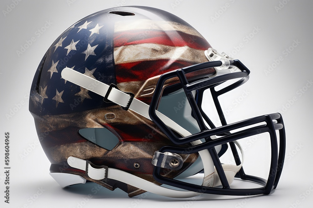 Fototapeta premium American football helmet with United States flag, sports concept, white background. Generative AI