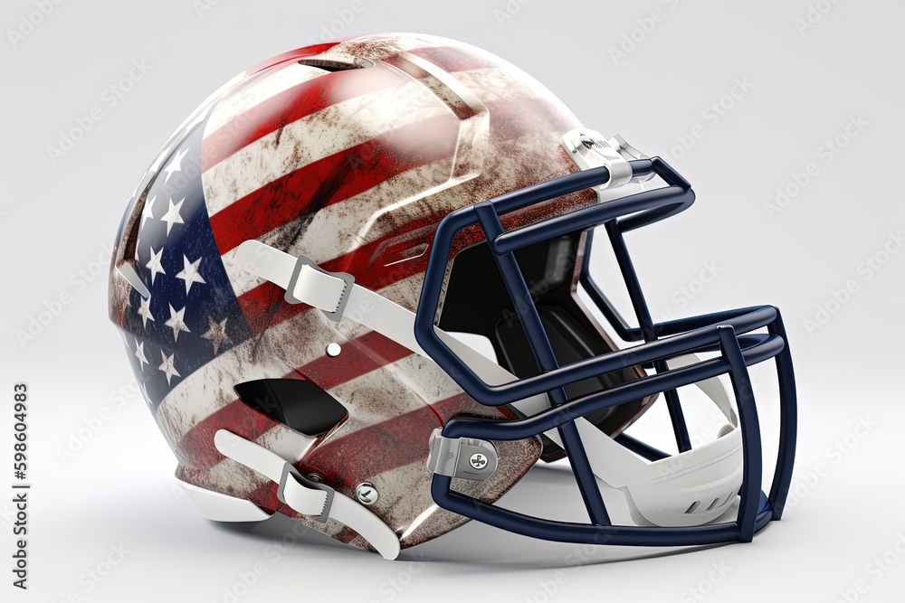 Fototapeta premium American football helmet with United States flag, sports concept, white background. Generative AI