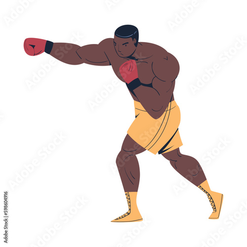 Strong professional African American boxer in shorts and gloves fighting or training on ring cartoon vector illustration