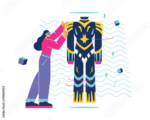 Woman in VR glasses looking at futuristic clothes, flat vector illustration isolated on white background.