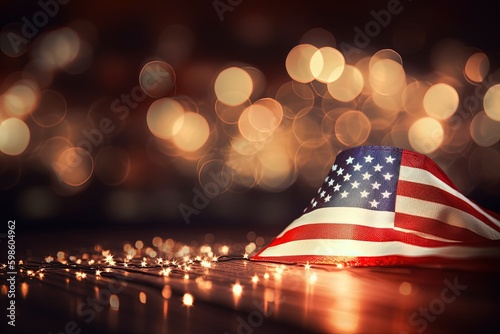 United States flag, patriotism concept, bokeh background, digital illustration. Generative AI