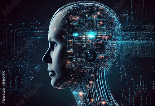 Human brain, Artificial Inteligence, Generative AI, concept. Robot, humanoid, hi-tech, machine learning. 