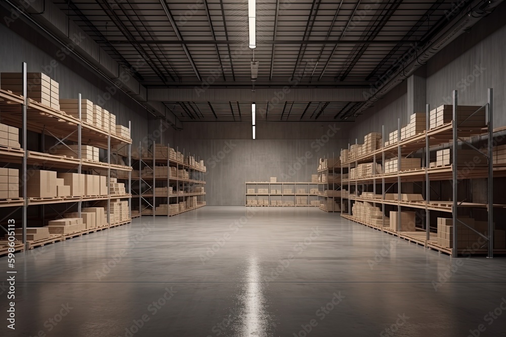 Logistics warehouse full of cardboard boxes, logistics and business concept. Generative AI