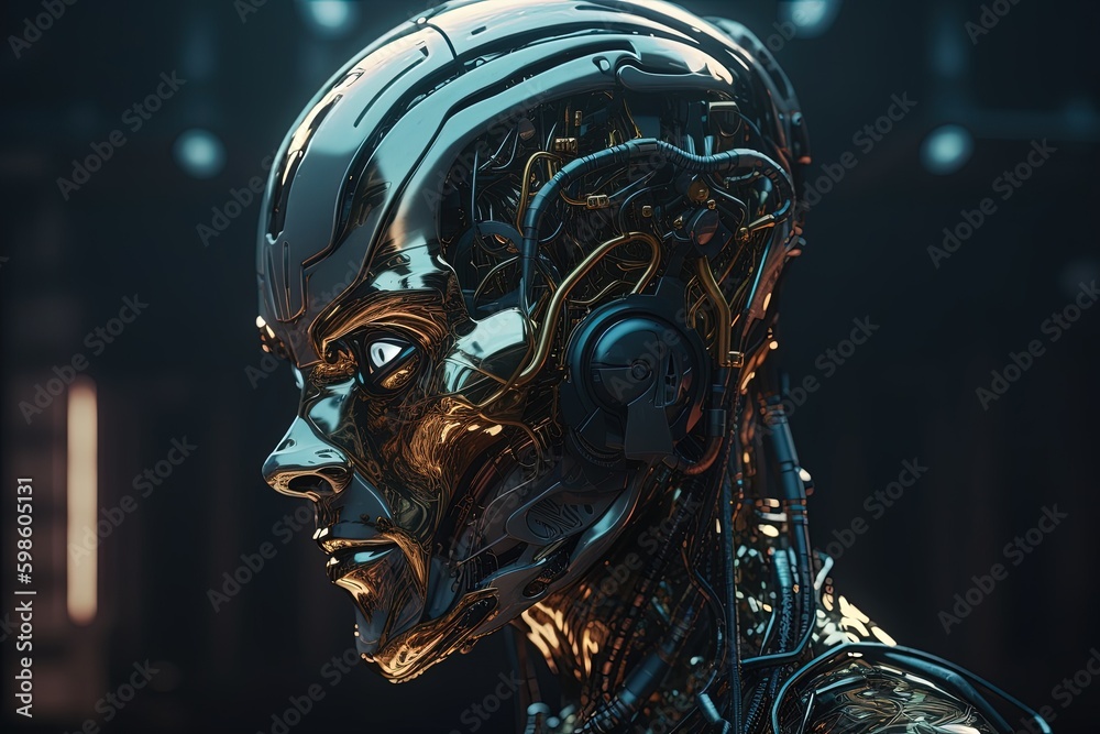 Technological robot, artificial intelligence concept, black background. Generative AI Technological robot, artificial intelligence concept, black background. Generative AI