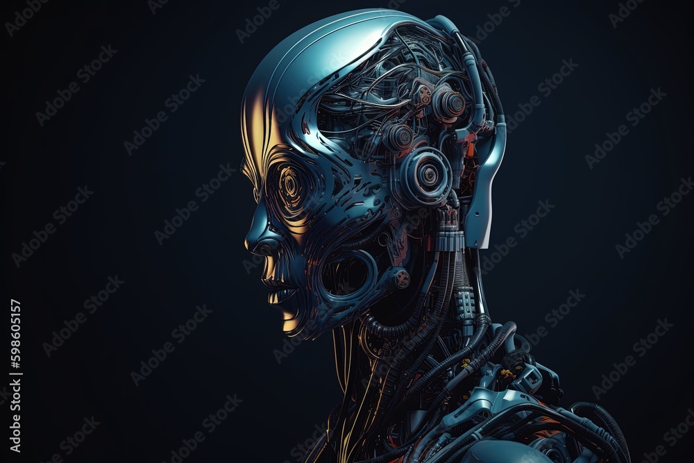 Technological robot, artificial intelligence concept, black background. Generative AI Technological robot, artificial intelligence concept, black background. Generative AI