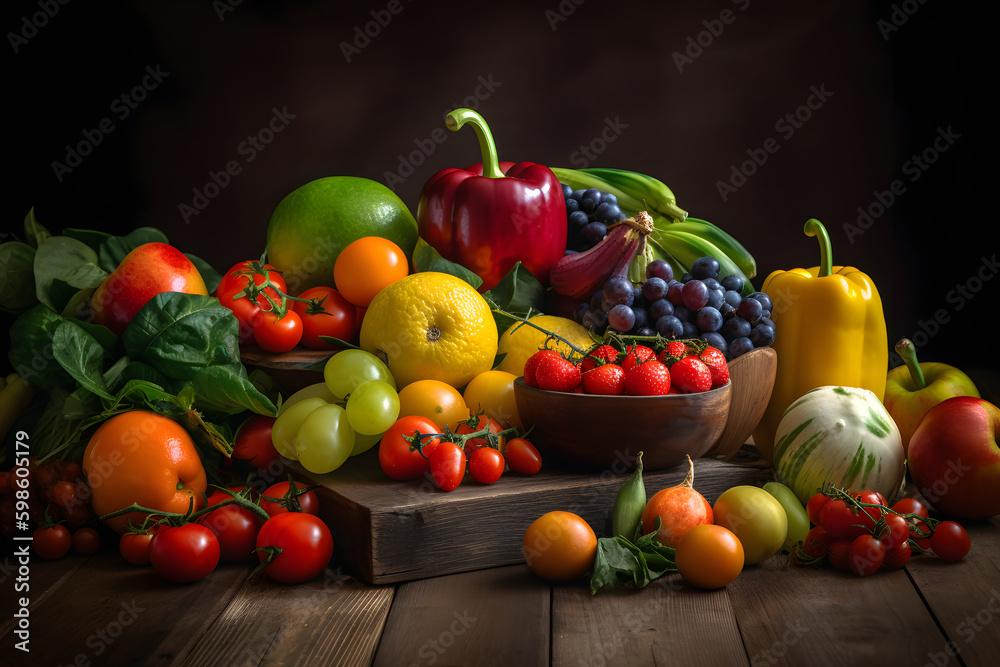 Healthy food background, different fruits and vegetables on wooden table, banner, Generative AI