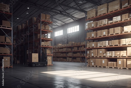 Logistics warehouse full of cardboard boxes, logistics and business concept. Generative AI