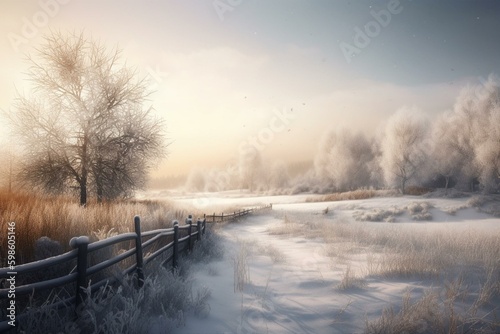 A winter landscape in a digital painted style. Generative AI