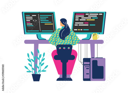 Woman sitting at table and coding on computer with two monitors, flat vector illustration isolated on white background.