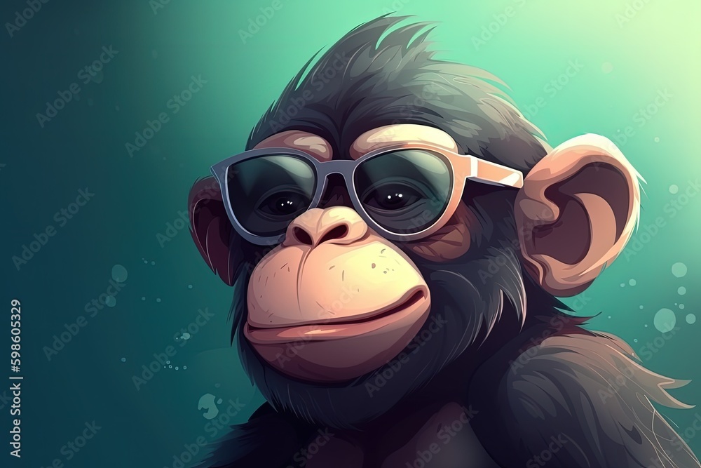 Chimpanzee with sunglasses, background, cartoon style, digital illustration. Generative AI