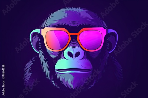 Chimpanzee with sunglasses on colorful gradient background, cartoon style, digital illustration. Generative AI © Deivison