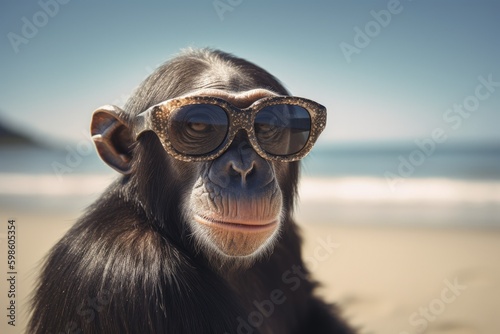Landscape with chimpanzee in sunglasses, beach and sea in the background, digital illustration. Generative AI