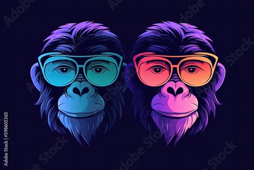 Chimpanzee with sunglasses on colorful gradient background, cartoon style, digital illustration. Generative AI