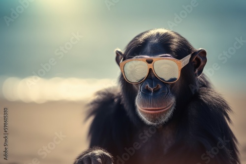 Landscape with chimpanzee in sunglasses, beach and sea in the background, digital illustration. Generative AI © Deivison