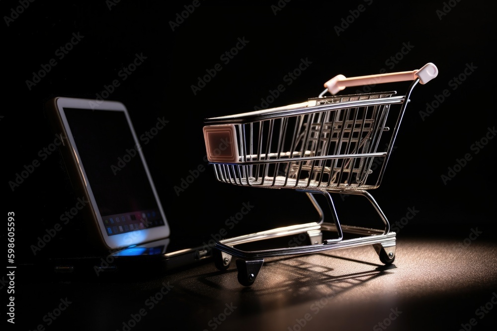 Shopping cart, online sales concept, business and technology, digital illustration. Generative AI