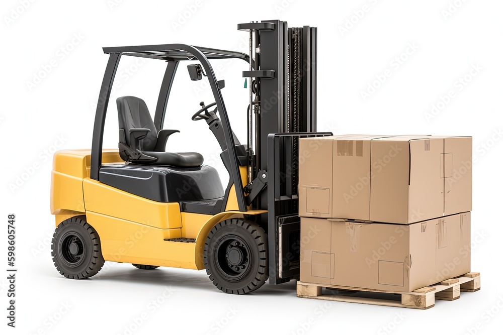 Forklift truck and cardboard boxes, white background. Generative AI Forklift truck and cardboard boxes, white background. Generative AI