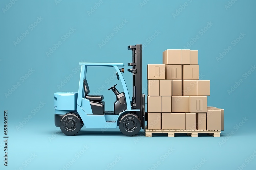 Forklift truck and cardboard boxes, blue background. Generative AI