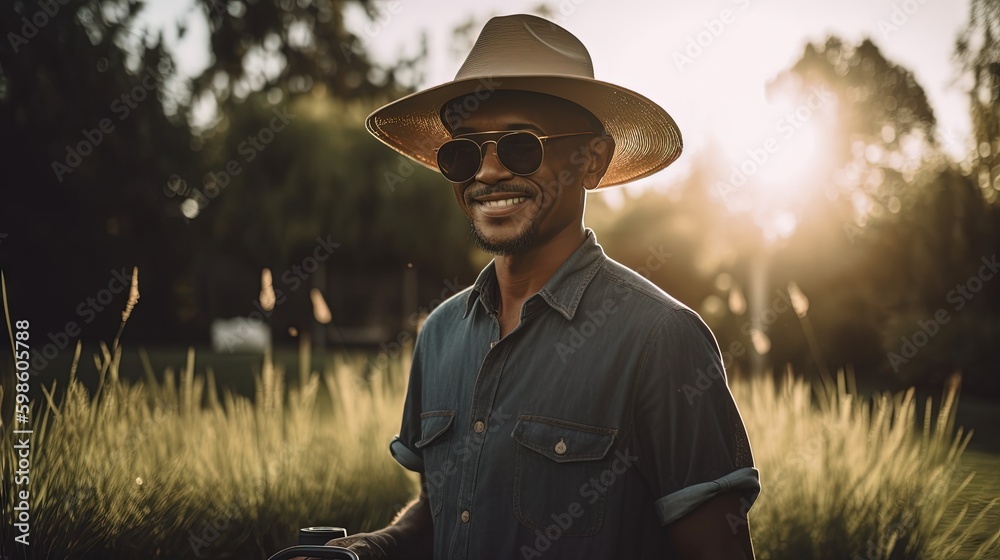 Portrait of a man in a wide - brimmed hat and sunglasses, smiling while mowing his lush green lawn with a cordless electric mower, with golden hour lighting. Generative AI Portrait of a man in a wide - brimmed hat and sunglasses, smiling while mowing his lush green lawn with a cordless electric mower, with golden hour lighting. Generative AI